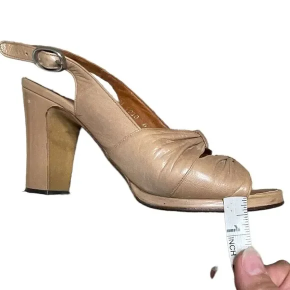 Vintage Beige Leather Heeled Slingback Sandals - Bloomingdale’s - Picture 9 of 10